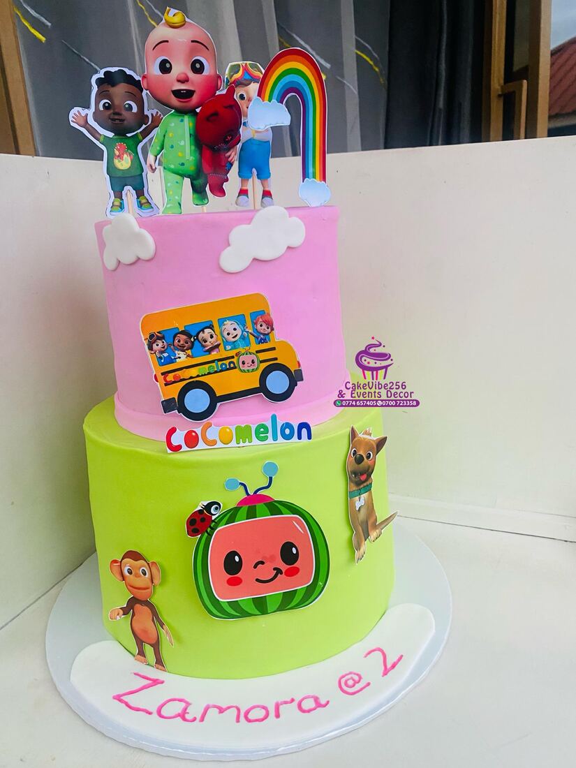 CoComelon themed two-tier birthday cake for a 2nd birthday