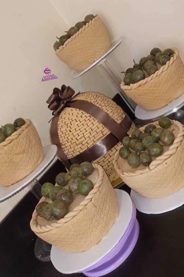 Traditional kwanjula basket cakes filled with fondant avocados, Uganda