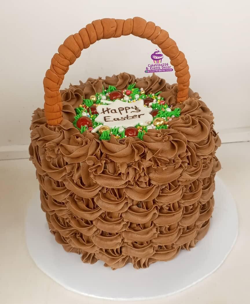 Chocolate rosette Easter basket cake with candy eggs