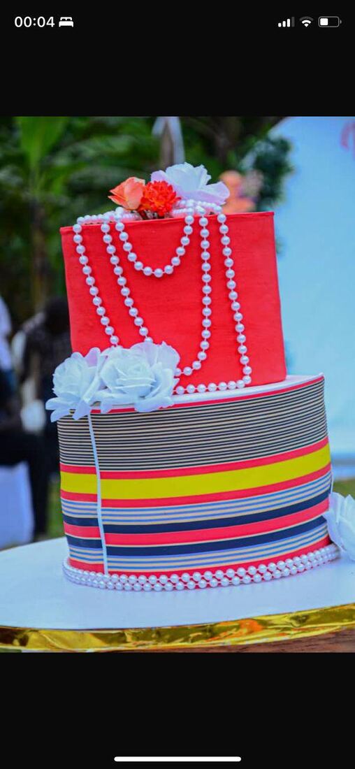 Red, gold and pearl two-tier wedding cake, Kampala